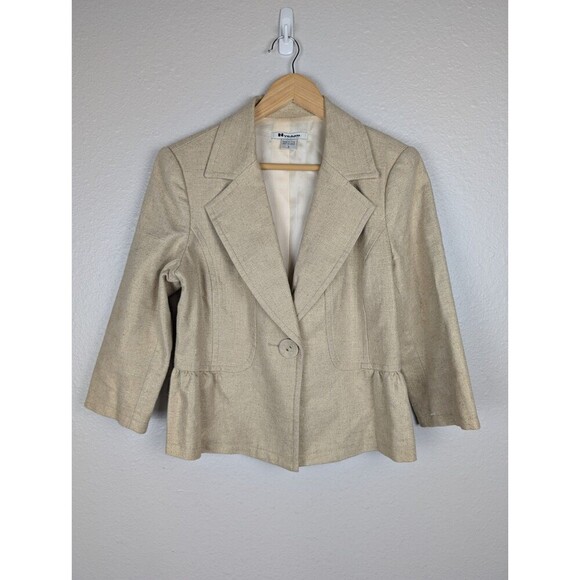 NYGARD Collection Women’s Blazer Sz 8 Jacket Lined Ruffles Beige Gold Linen 157 - Picture 1 of 5